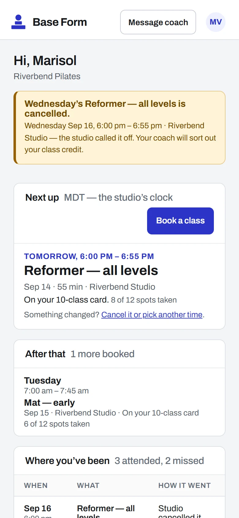 A class member's home screen with their next class and spots left.