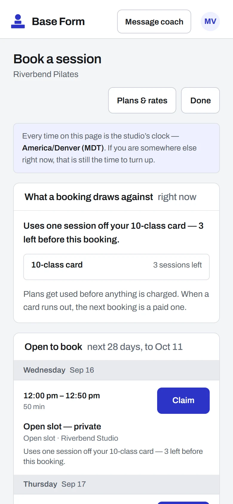 A class member booking: the page says whether it uses their class card or is charged.