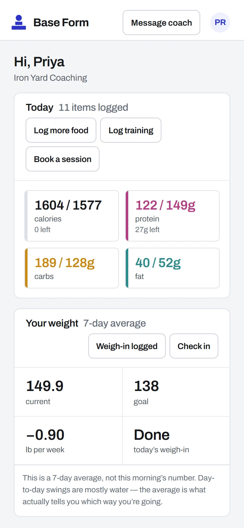 A client's home screen with today's food, calories and macros.