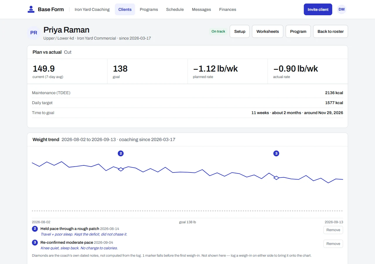 A client's profile: plan versus actual rate of change, weight trend and daily targets.