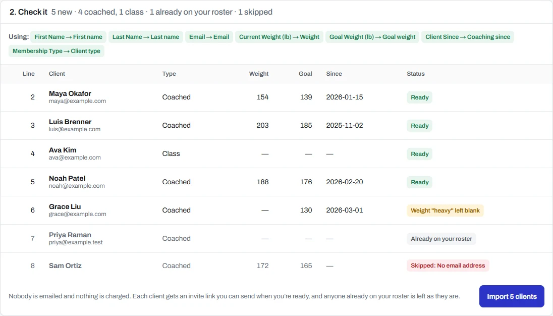 The import preview: recognised columns and every row marked ready, skipped or already on the roster.