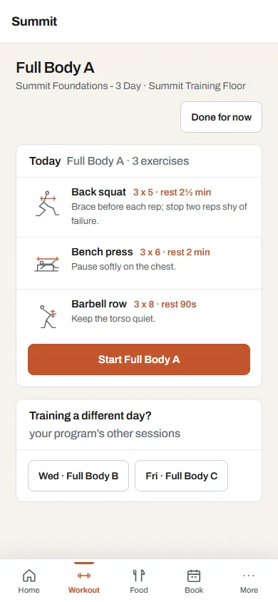 A client's workout showing movement figures, sets and reps.